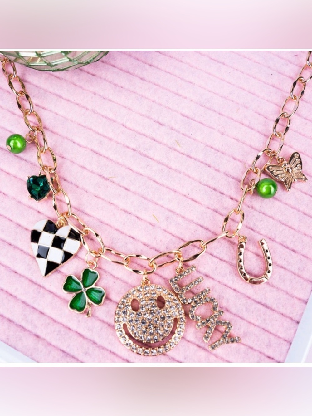 Viola NIP Gold Rhinestone Lucky Horseshoe Heart Butterfly Smiley face Necklace